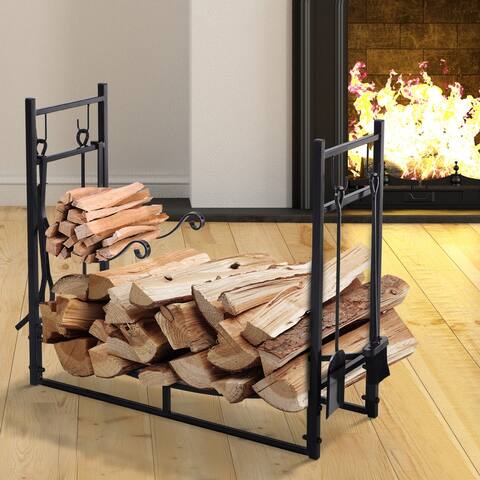 Outsunny Wrought Iron Metal Heavy-Duty Firewood Rack Indoor & Outdoor with Fireplace Tool Set