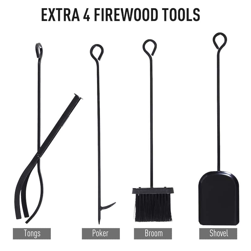 Outsunny Wrought Iron Metal Heavy-Duty Firewood Rack Indoor & Outdoor with Fireplace Tool Set