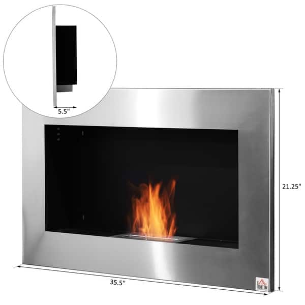 HOMCOM 35.5" Contemporary Wall Mounted Ventless Indoor Bio Ethanol Fireplace - Stainless Steel