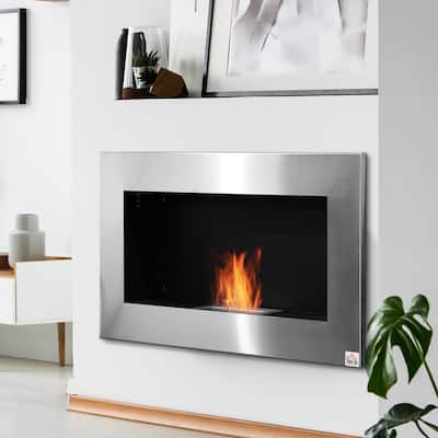 HOMCOM Ethanol Fireplace, 35.5" Wall-Mount 0.25 Gal, Stainless Steel, 215-270 Sq. Ft., Burns up to 3 Hours, Silver