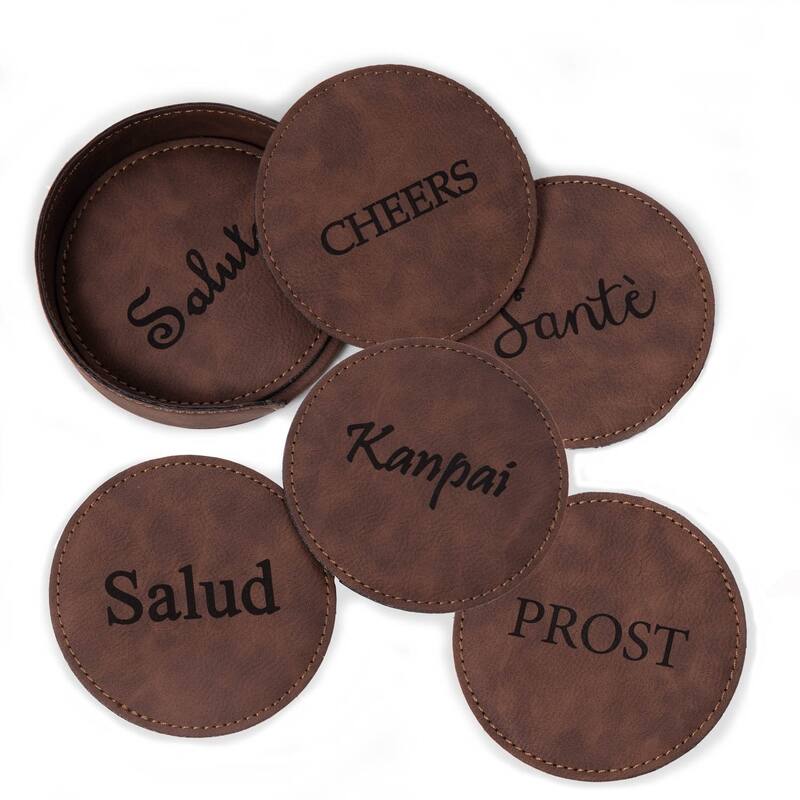 Cheers 6 Coaster Set with Holder in Vintage Rustic Brown
