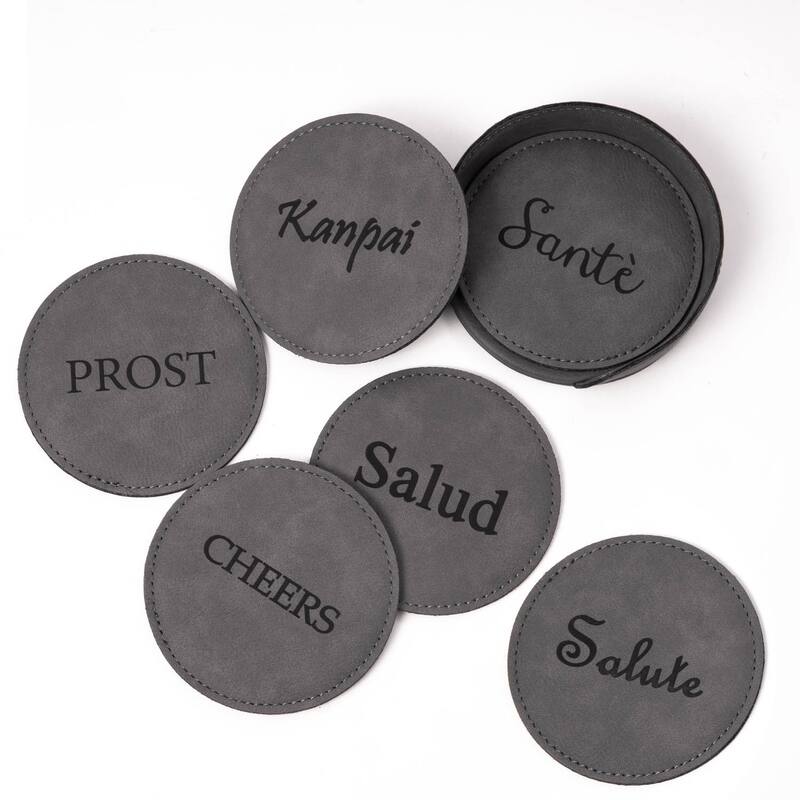 Cheers 6 Coaster Set with Holder in Vintage Grey Leatherette