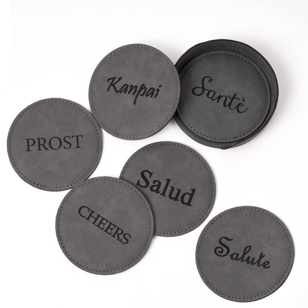 Cheers 6 Coaster Set with Holder in Vintage Grey Leatherette
