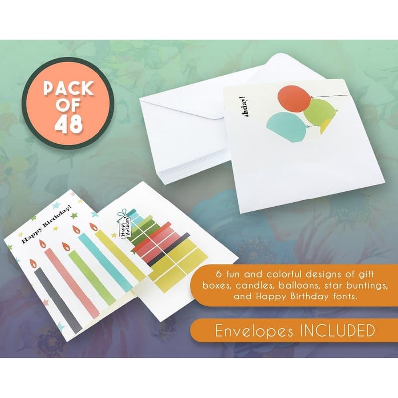 Paper Junkie 48 Pack Blank Birthday Cards with Envelopes Bulk, 6 Designs (4x6 In)