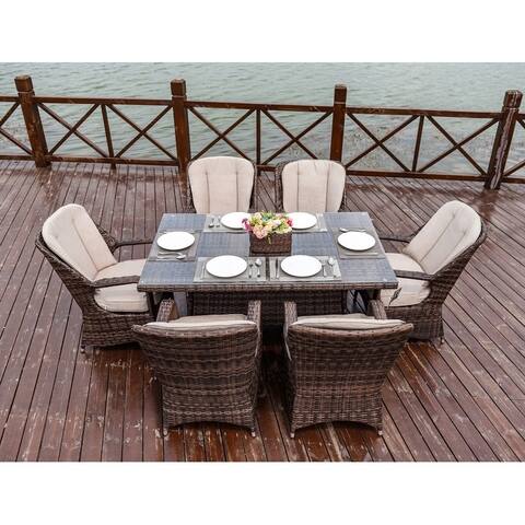 Moda 7-Piece Patio Wicker Rectangle Dining Table Set with Cushions