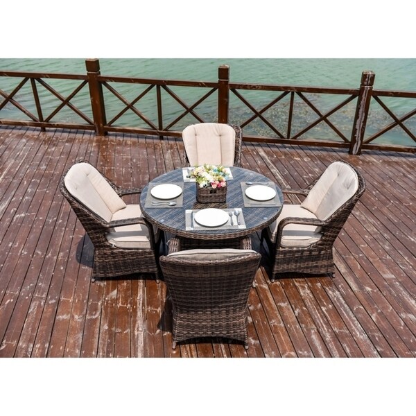 Moda 5-Piece Patio Wicker Round Dining Table Set with Cushions