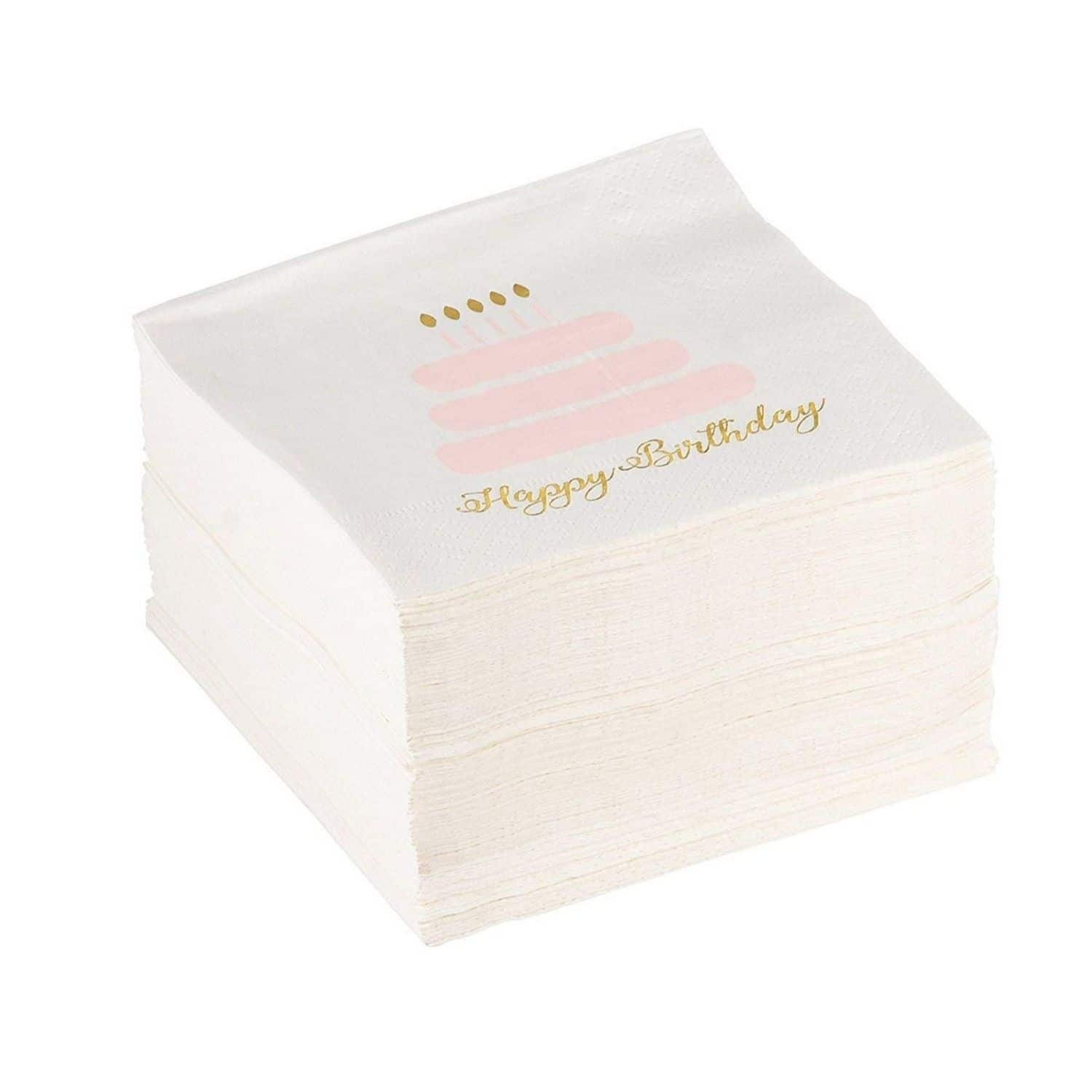 100-pack Disposable Cocktail Napkins Happy Birthday Cake With Gold Foil 