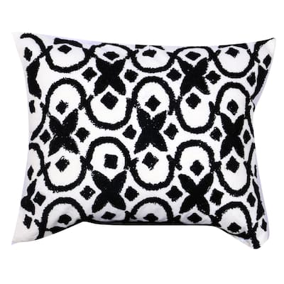 20 x 16 Inch Cotton Pillow with Geometric Embroidery, Set of 2, White and Black