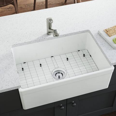 MR Direct 415 Fireclay Farmhouse Kitchen Sink, Ensemble