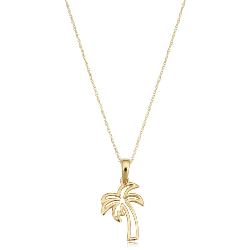 14k Yellow Gold Palm Tree Pendant Rope Chain Necklace (18 inches)