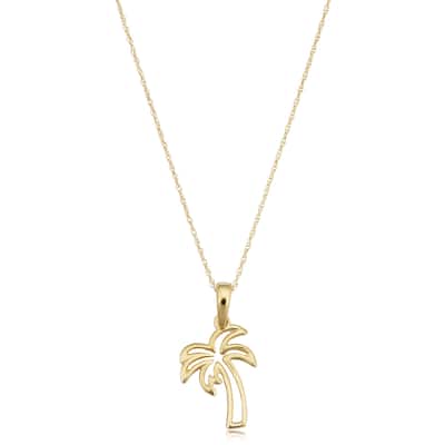 14k Yellow Gold Palm Tree Pendant Rope Chain Necklace (18 inches)