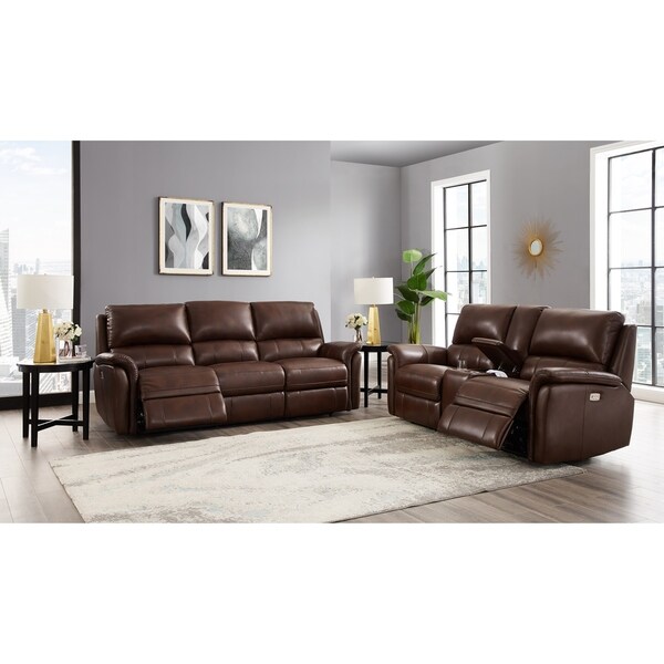 Mia Brown Top Grain Leather Power Reclining Sofa and Loveseat
