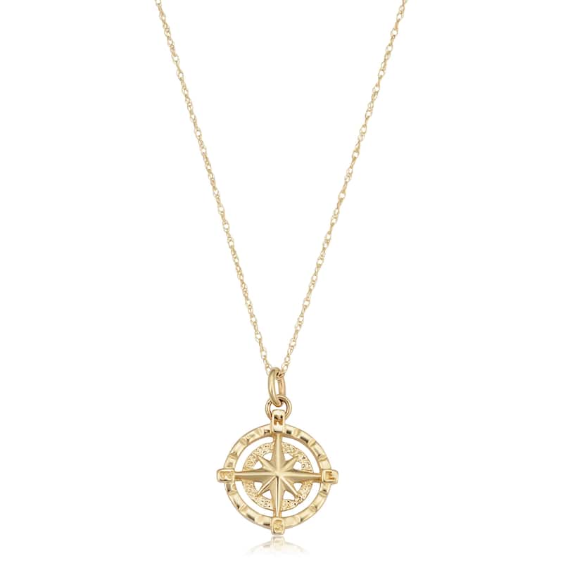 14k Yellow Gold Compass Windrose Pendant Rope Chain Necklace (18 inches)