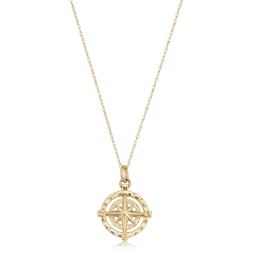 14k Yellow Gold Compass Windrose Pendant Rope Chain Necklace (18 inches)