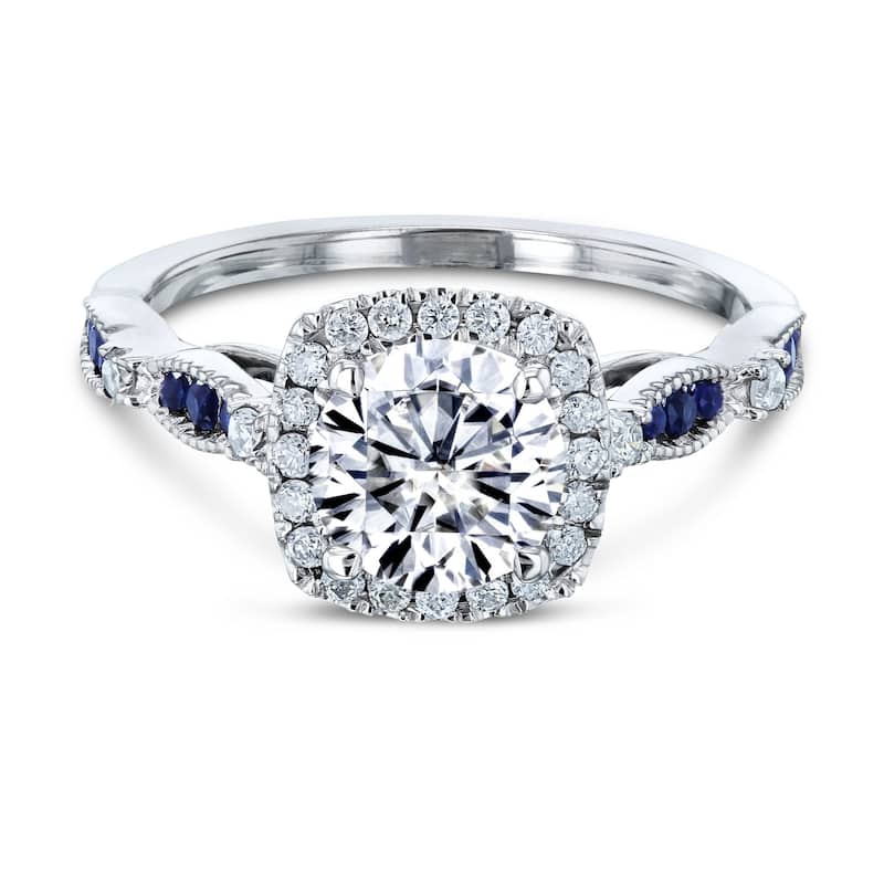 Annello by Kobelli 14k White Gold 6.5mm 1ct Round Moissanite, Blue Sapphire, and White Diamond Engagement Ring, 1-1/3ct TGW
