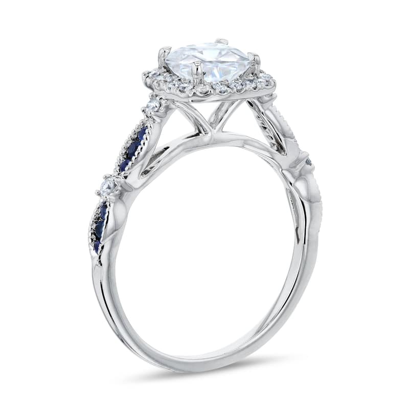 Annello by Kobelli 14k White Gold 6.5mm 1ct Round Moissanite, Blue Sapphire, and White Diamond Engagement Ring, 1-1/3ct TGW