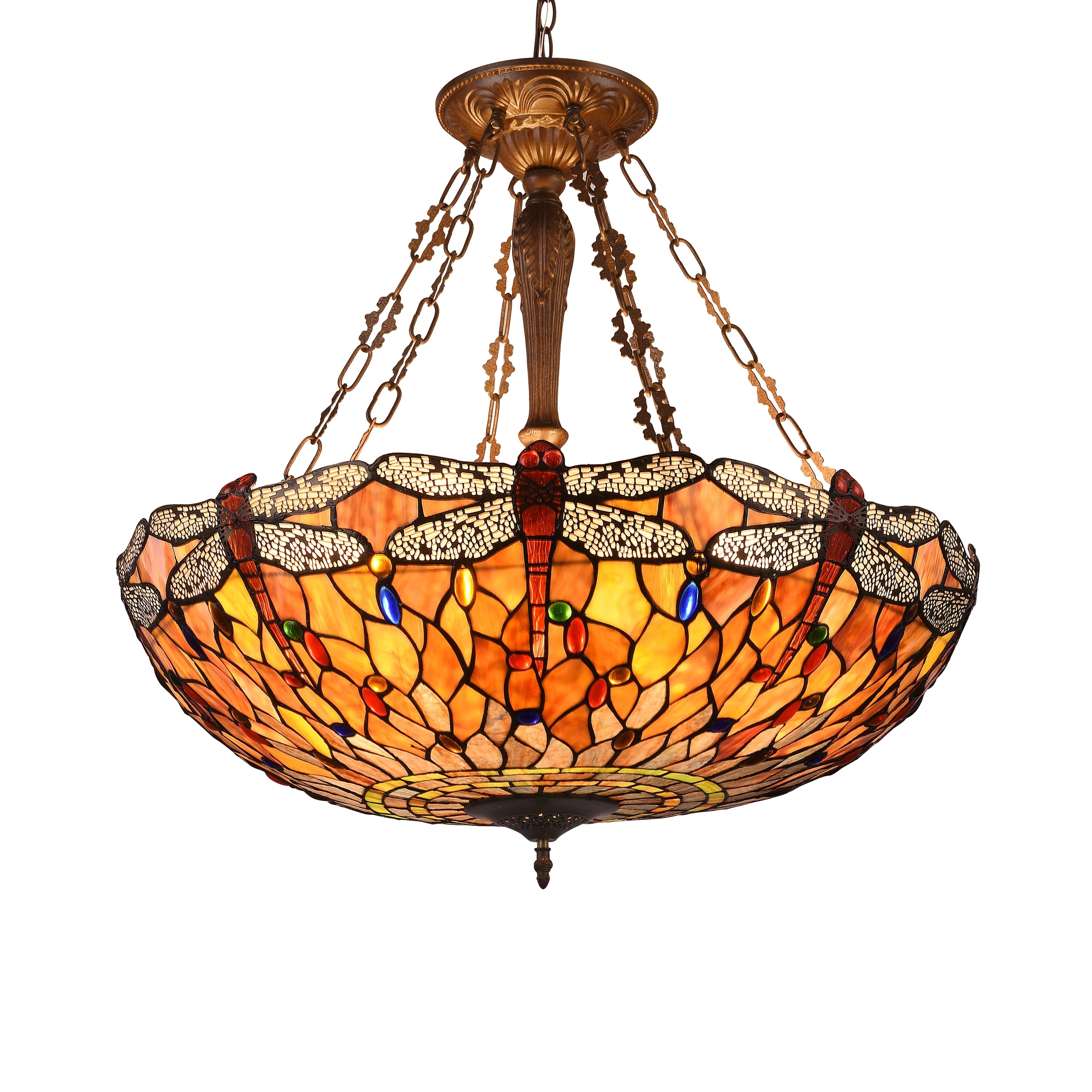 Gracewood Hollow Lomami 4-light Antique Dark Bronze Inverted Pendant with Stained Glass Dragonfly 28-inch Dome Shade