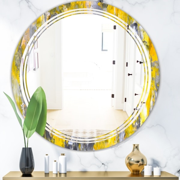 Designart 'Grey and Yellow Abstract Pattern' Modern Round or Oval Wall Mirror - Triple C