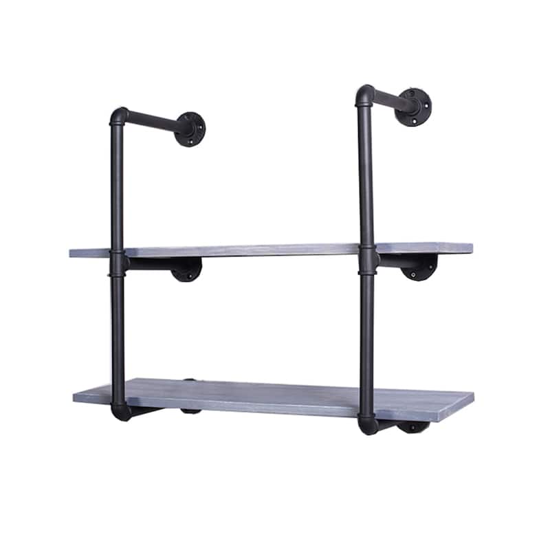 Carbon Loft Foronjy Black Pipe 2-level Weathered Grey Floating Wooden Bookshelves