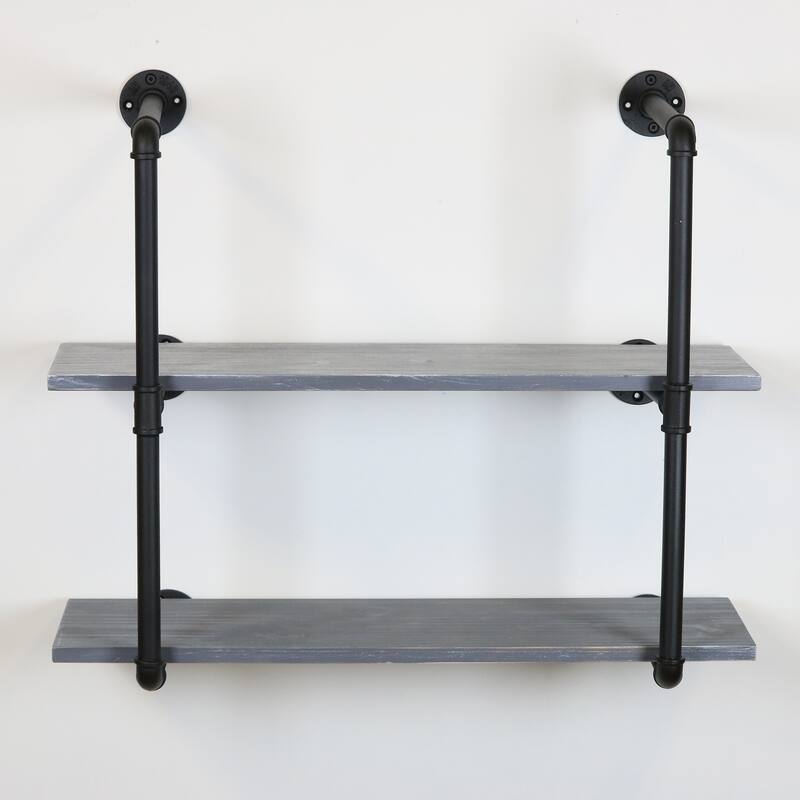 Carbon Loft Foronjy Black Pipe 2-level Weathered Grey Floating Wooden Bookshelves