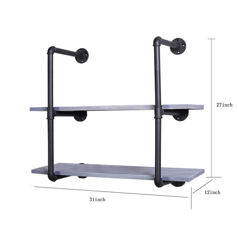 Carbon Loft Foronjy Black Pipe 2-level Weathered Grey Floating Wooden Bookshelves