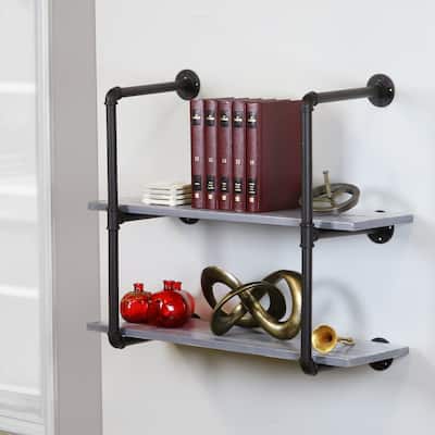 Carbon Loft Foronjy Black Pipe 2-level Weathered Grey Floating Wooden Bookshelves