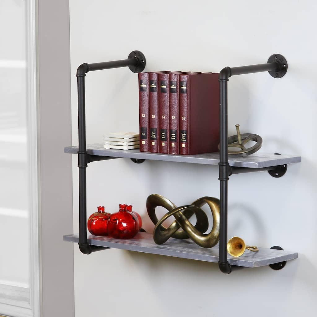 Carbon Loft Foronjy Black Pipe 2-level Weathered Grey Floating Wooden Bookshelves