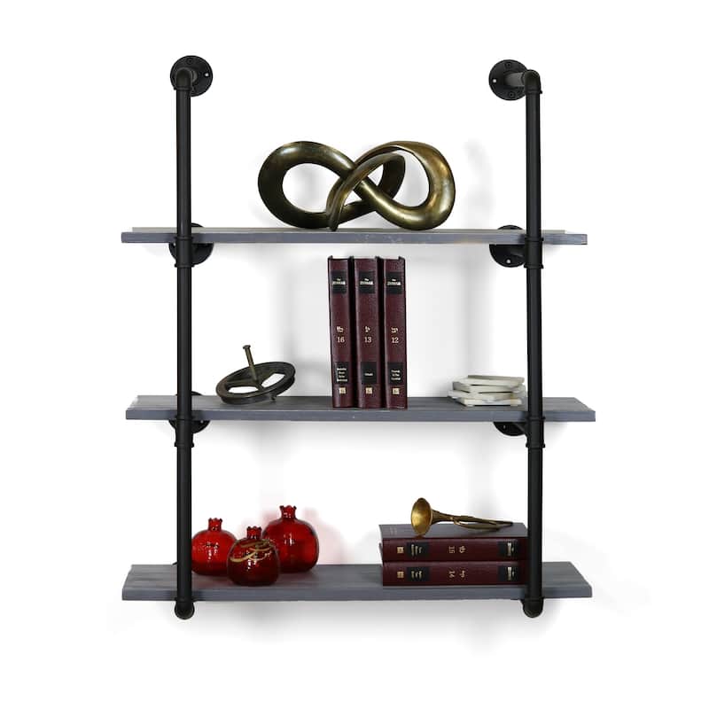 Carbon Loft Foronjy 3-shelf Black Pipe / Weathered Grey Wood Floating Bookcase