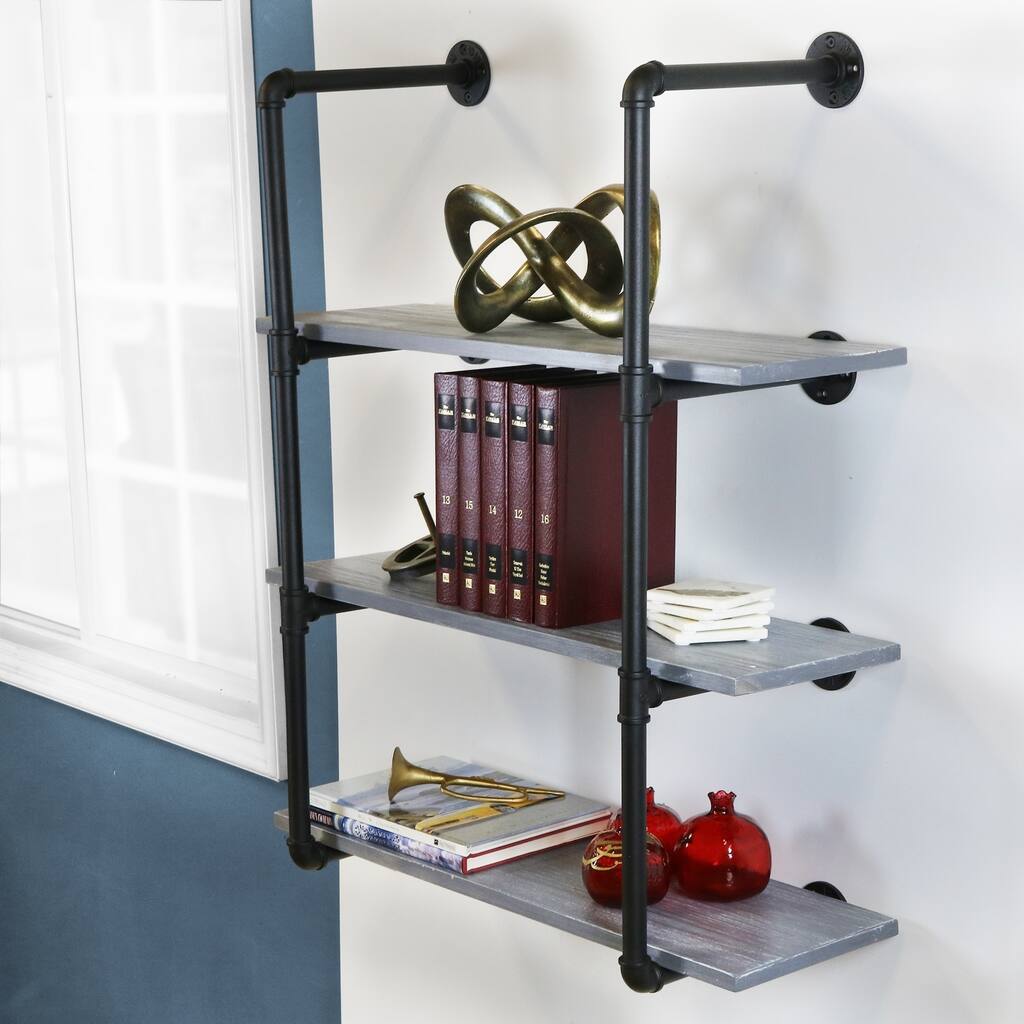 Carbon Loft Foronjy 3-shelf Black Pipe / Weathered Grey Wood Floating Bookcase