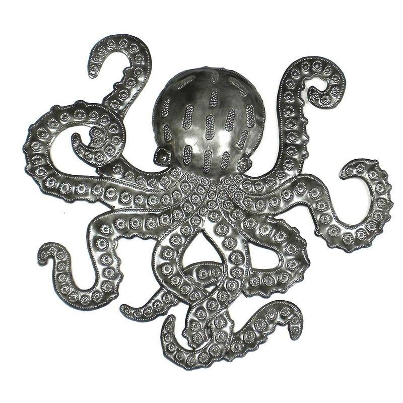 The Curated Nomad 16-inch Embossed Octopus Recycled Metal Haitian Wall Art