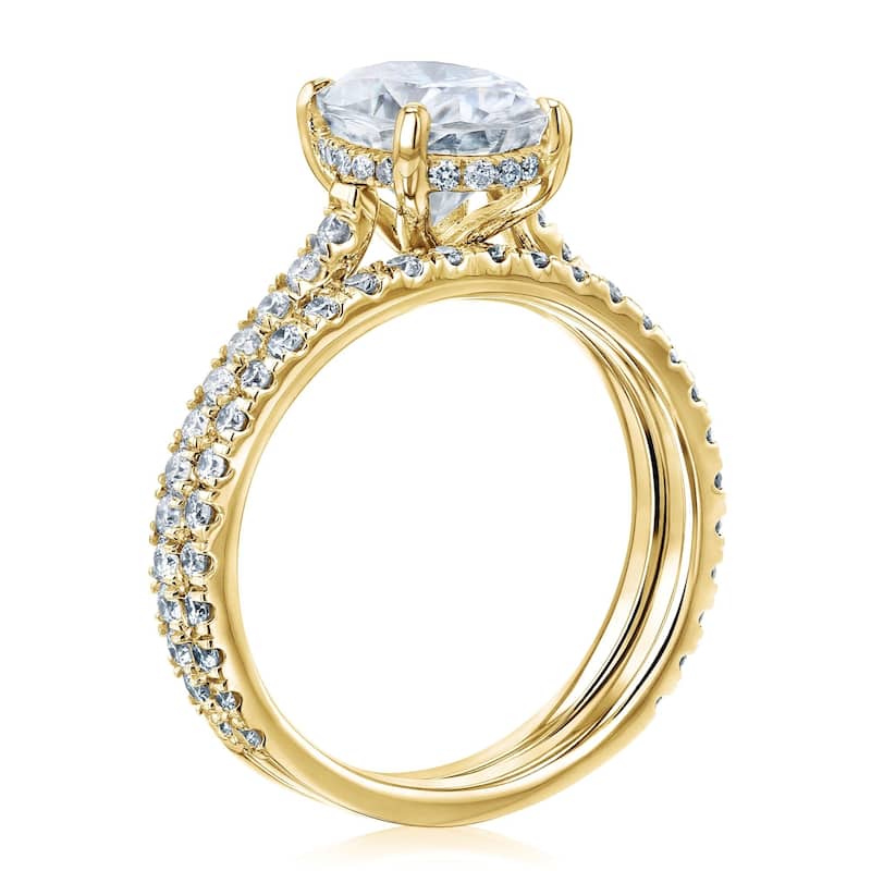 Annello by Kobelli 14k Gold 2.1ct Oval Moissanite and 4/5ct Diamond Drop Halo Comfort Fit Bridal Set (GH/VS, GH/I).