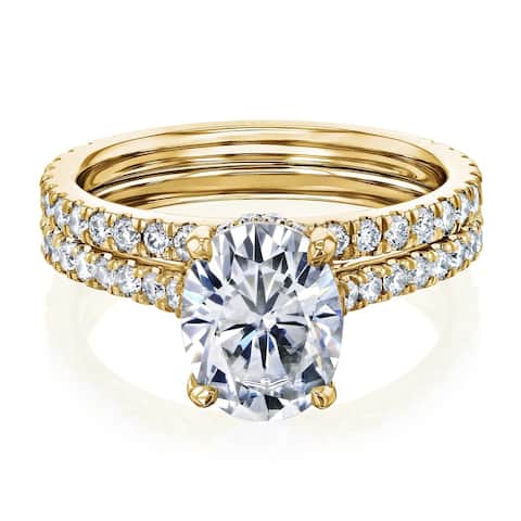Annello by Kobelli 14k Gold 2.1ct Oval Moissanite and 4/5ct Diamond Drop Halo Comfort Fit Bridal Set (GH/VS, GH/I).