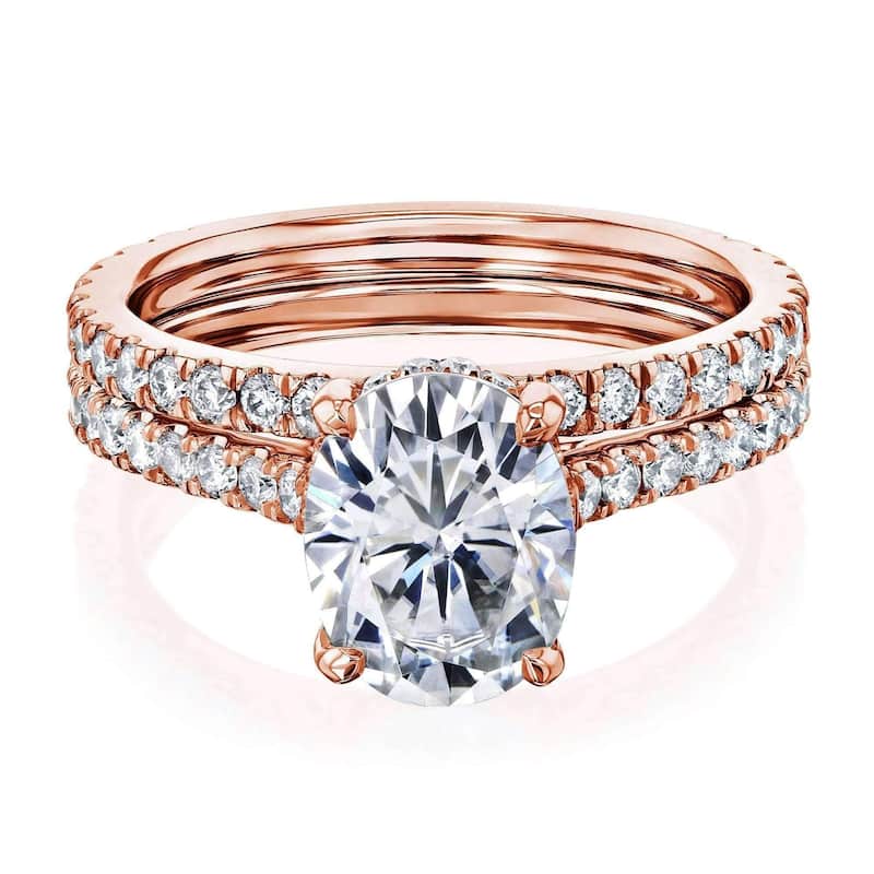 Annello by Kobelli 14k Gold 2.1ct Oval Moissanite and 4/5ct Diamond Drop Halo Comfort Fit Bridal Set (GH/VS, GH/I). - 8 - Rose