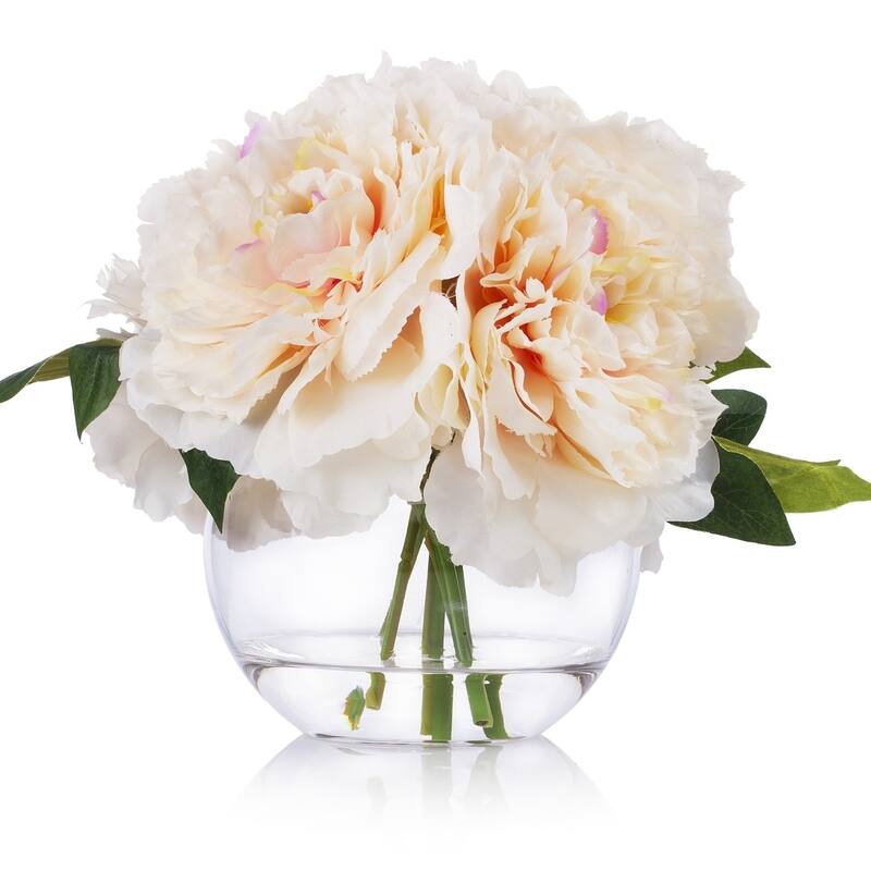 Enova Home 5 Heads Large Artificial Silk Peony Fake Flowers Arrangement in Clear Glass Vase with Faux Water for Home Decoration - Blush