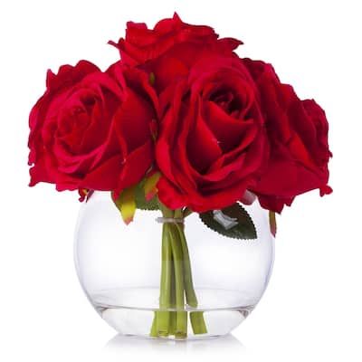 Enova Home Artificial 7 Heads Large Silk Roses Fake Flowers Arrangement in Clear Glass Vase with Faux Water for Home Decoration