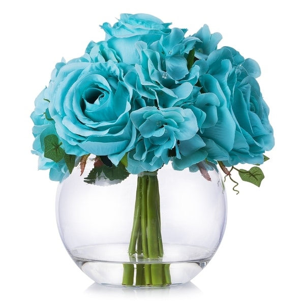 Enova Home Mixed Rose and Hydrangea Flower Arrangement in Clear Glass Vase With Faux Water - N/A