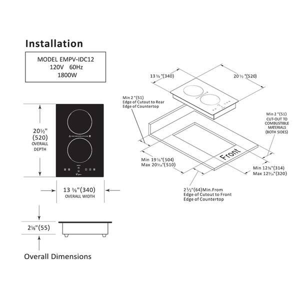 Empava Electric Stove Induction Cooktop 2 Burners Glass in Black 120V