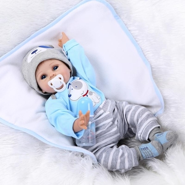 22" Mini Cute Simulation Baby Toy in Puppy Pattern Clothes Blue - silicone material. Opens flyout.