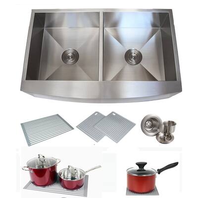 Farmhouse Curve Apron Front Stainless Steel 36 in. x 21 in. x 10 in. 16-Gauge Double 50/50 Bowl Zero Radius Kitchen Sink Combo