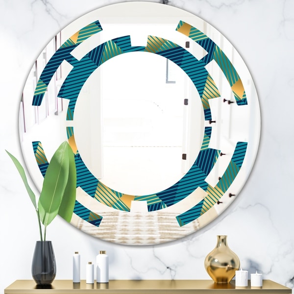 Designart 'Retro Luxury Waves In Gold and Blue VII' Modern Round or Oval Wall Mirror - Space