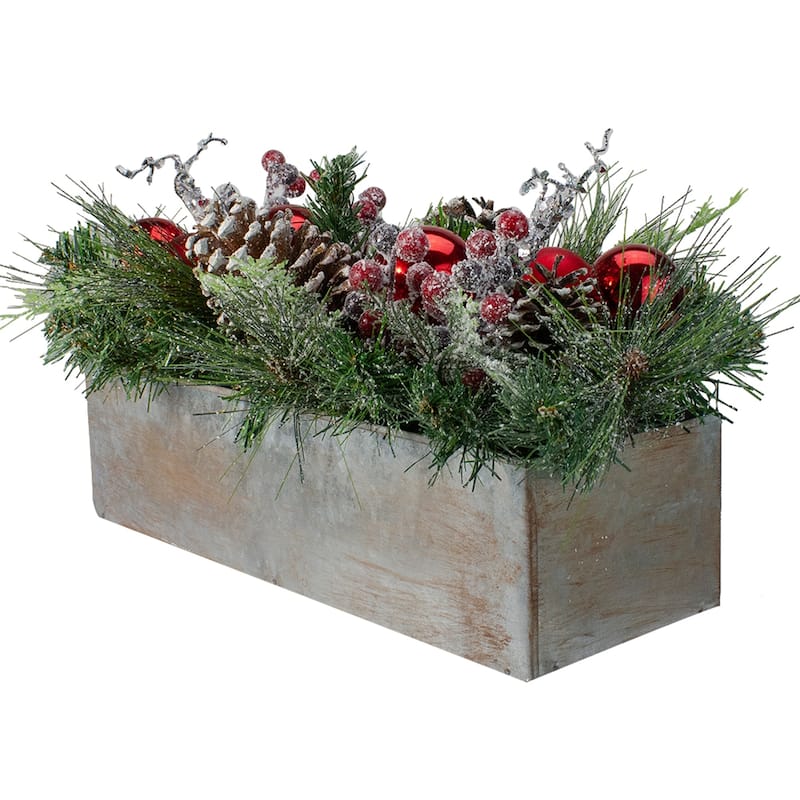 26" Mixed Pine Ornament Pine Cone and Berry Artificial Christmas Arrangement in Galvanized Planter