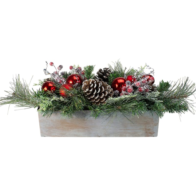 26" Mixed Pine Ornament Pine Cone and Berry Artificial Christmas Arrangement in Galvanized Planter