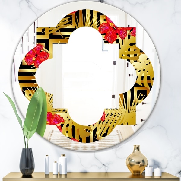 Designart 'Tropical Gold Luxury Pattern I' Modern Round or Oval Wall Mirror - Quatrefoil