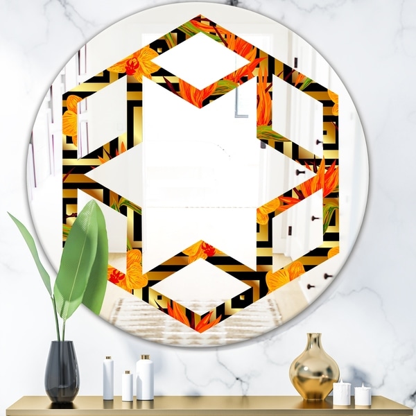Designart 'Tropical Gold Luxury Pattern III' Modern Round or Oval Wall Mirror - Hexagon Star