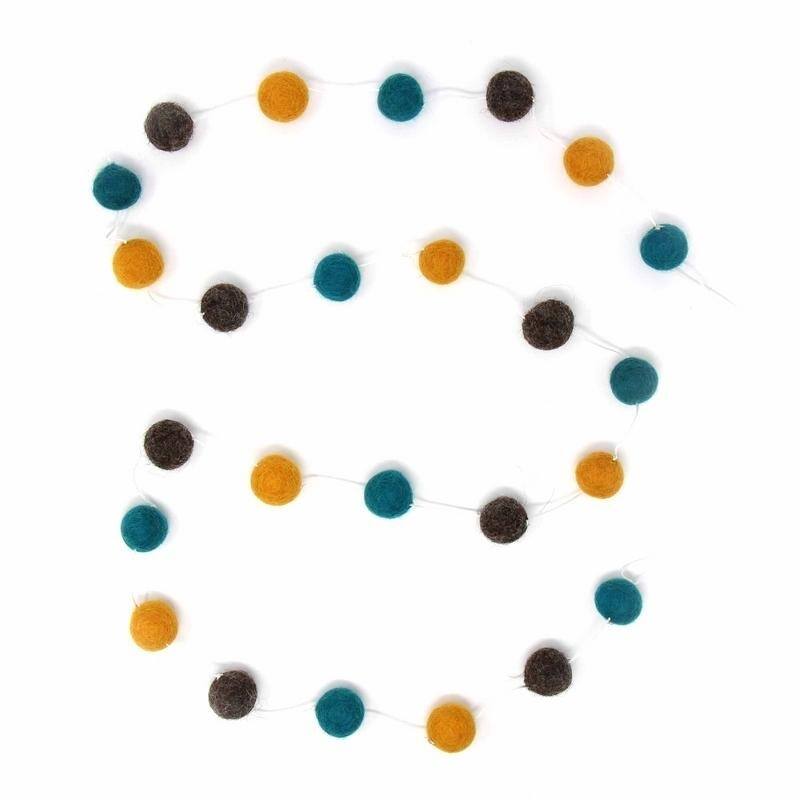 The Curated Nomad Thrift Handmade Felted Wool Pom-Pom Hanging Garland (Set of 2) - Yellow, Blue & Grey
