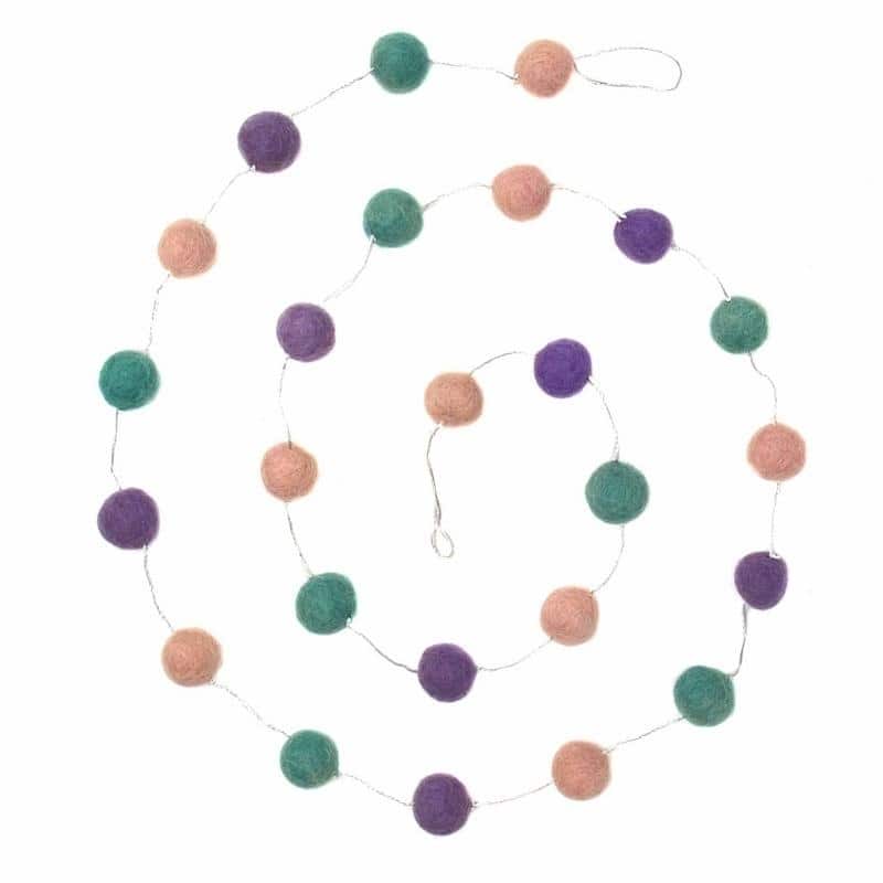 The Curated Nomad Thrift Handmade Felted Wool Pom-Pom Hanging Garland (Set of 2) - Pink, Lavendar, Turquoise
