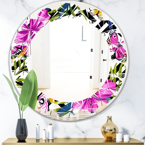 Designart 'Tropical Foliage and Geometrics' Modern Round or Oval Wall Mirror - Leaves - Multi