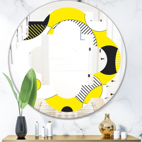 Designart 'Circular Abstract Retro Geometric I' Modern Round or Oval Wall Mirror - Quatrefoil