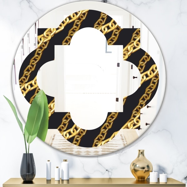Designart 'Golden ZigZag Chain' Modern Round or Oval Wall Mirror - Quatrefoil