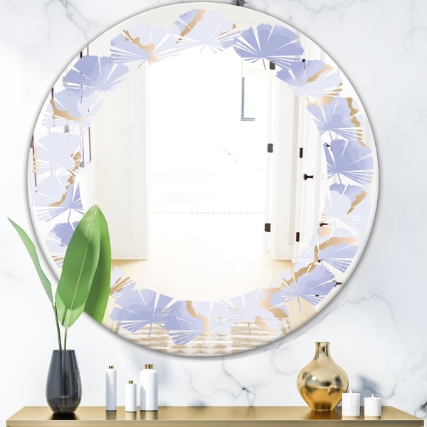Designart 'Pastel blue and gold abstract shapes pattern' Modern Round or Oval Wall Mirror - Leaves